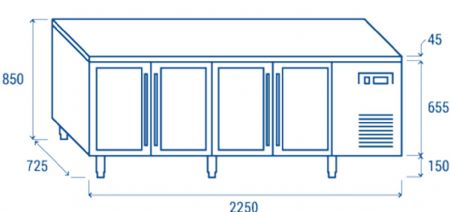 Table rfrigre positive +3C  +10C  4 portes vitres GN1/1 inox 570L - 2250x725x850 mm