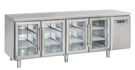 Table rfrigre positive +3C  +10C  4 portes vitres GN1/1 inox 570L - 2250x725x850 mm