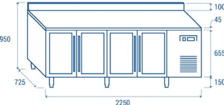 Table rfrigre positive +3C  +10C  4 portes vitrees avec dosseret GN1/1 inox 570L - 2250x725x950 mm