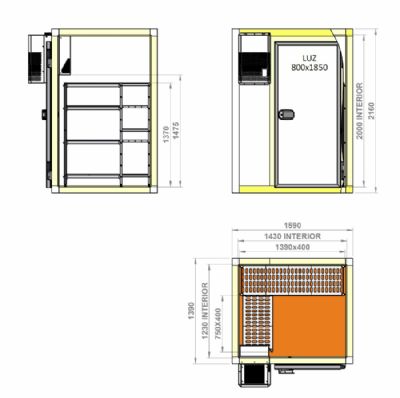 Ensemble Chambre froide avec groupe positive 0/+10C 80 mm paisseur - 1590x1390x2160 mm