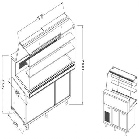 Vitrines rfrigres statiques pour les snacks_vitres hautes, groupe  distance 1500x892x1382 mm