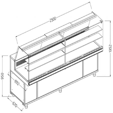 Comptoir vitrine rfrigr EN & GN, vitre haute, statique, sans rserve 2500x890x1352 mm