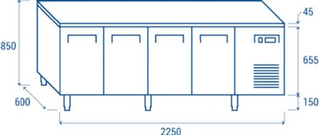 Table rfrigre ngative -22 / -18 325X410 4 portes inox 485L - 2250x600x850 mm