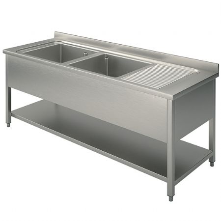 Evier professionnel 2 bacs plateau d'gouttage  droite sur pitement avec tagre infrieure 2000x600 mm