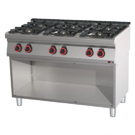 Fourneau pour cuisines professionnelles  gaz 6 feux 4x7,5kW + 2x4,5kW avec soubassement