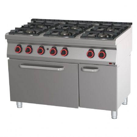 Cuisinire de restauration  gaz 6 feux 4x6kW + 2x3,5kW ECO sur four  gaz statique GN 2/1