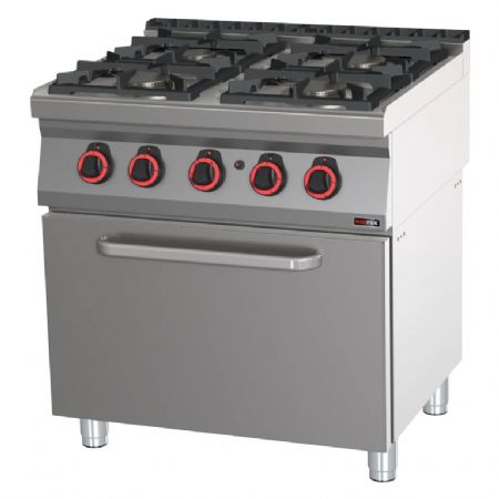 Cuisinire de restauration  gaz 4 feux 3x6kW + 3,5kW ECO sur four  gaz statique GN 2/1