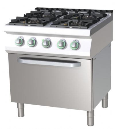 Cuisinire de restauration professionnelle 4 feux 8,5kW dont 1 de 4kW en haut a gauche sur four  air GN1/1