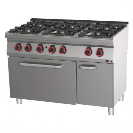 Cuisinire de restauration  gaz 6 feux 4x7,5kW + 2x4,5kW sur four  gaz statique GN 2/1