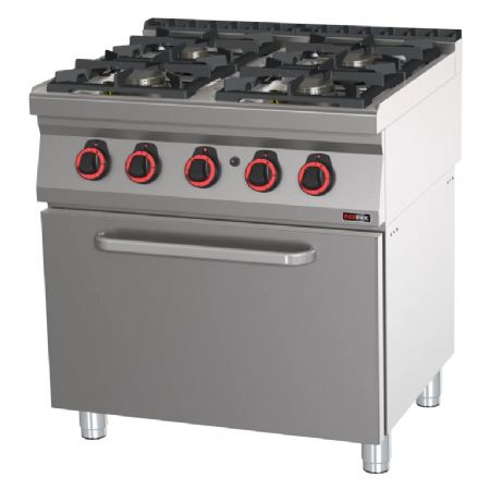 Cuisinire de restauration  gaz 4 feux 3x7,5kW + 4,5kW sur four  gaz statique GN 2/1