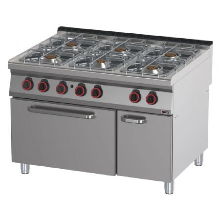 Fourneau pour cuisines professionnelles  gaz 6 feux 4x8kW + 5kW + 3,5kW sur four 2/1