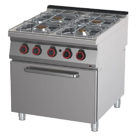 Fourneau pour cuisines professionnelles  gaz 4 feux 2x8kW + 5kW + 3,5kW sur four 2/1