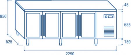 Table rfrigre positive +3 - +10 325X410 4 portes vitres inox 485L - 2250x625x850 mm