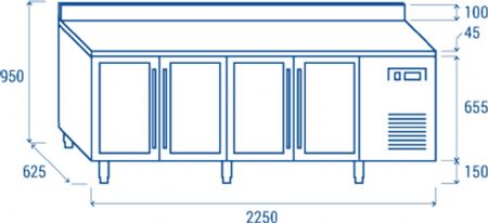 Table rfrigre positive +3 - +10 325X410 4 portes vitres dosseret inox 458L - 2250x625x950 mm