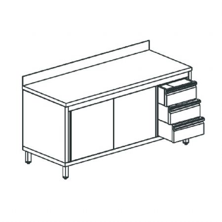 Table de travail avec armoire neutre avec bloc tiroir  droite avec 2 portes battantes et dosseret 1200x600 mm