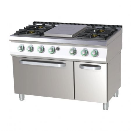 Cuisinire de restauration professionnelle 1 feu coup de feu + 4 feux classiques  gaz sur four lectrique statique GN2/1