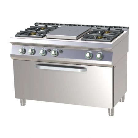 Cuisinire de restauration professionnelle  gaz 1 coup de feu + 4 feux classiques sur grand four  gaz GN3/1