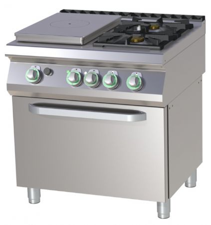 Cuisinire de restauration professionnelle 1 feu coup de feu + 2 feux classiques  gaz sur four lectrique statique GN2/1