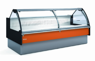 Vitrine d'angle extrieur pour vitrines SVEST supermarch avec vitre courbe