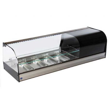 Prsentoir professionnelle rfrigre pour tapas avec vitre curbe et 1 tagre en verre 4x GN 1/3 hauteur 40 mm