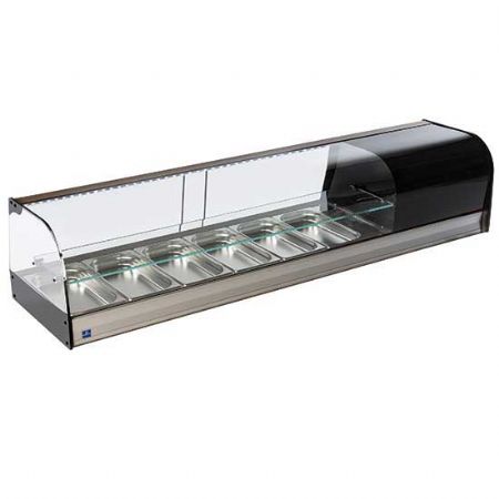 Prsentoir professionnelle rfrigre pour tapas avec vitre curbe et 1 tagre en verre 6x GN 1/3 hauteur 40 mm