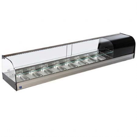 Prsentoir professionnelle rfrigre pour tapas avec vitre curbe et 1 tagre en verre 8x GN 1/3 hauteur 40 mm