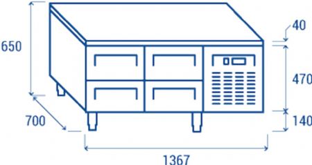 Soubassement rfrigr positif -2 - +8 professionnel 4 tiroirs inox 181 litres gaz r290 - 1367x700x650 mm