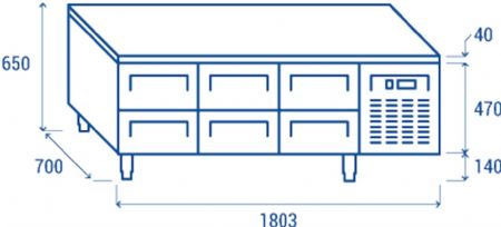 Soubassement rfrigr positif -2 - +8 professionnel 6 tiroirs inox 268 litres gaz r290 - 1803x700x650 mm