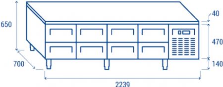Soubassement rfrigr positif -2 - +8 professionnel 8 tiroirs inox 362 litres gaz r290 - 2239x700x650 mm
