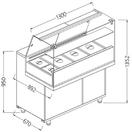 Vitrine snack saladette_vitres hautes, avec groupe 1300x892x1382 mm