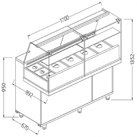 Vitrine snack saladette_vitres hautes, groupe  distance 1700x892x1382 mm