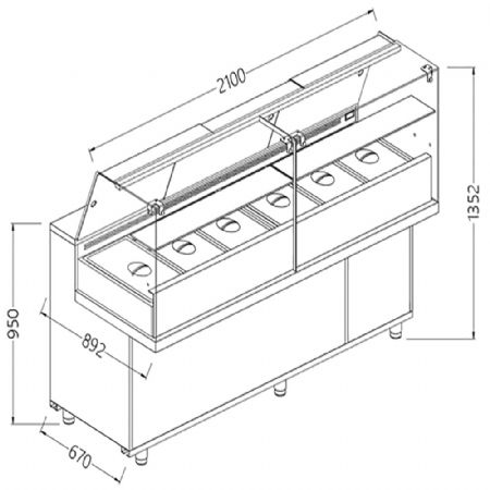 Vitrines snack saladette avec rserve _vitres hautes, avec groupe 2100x892x1382 mm