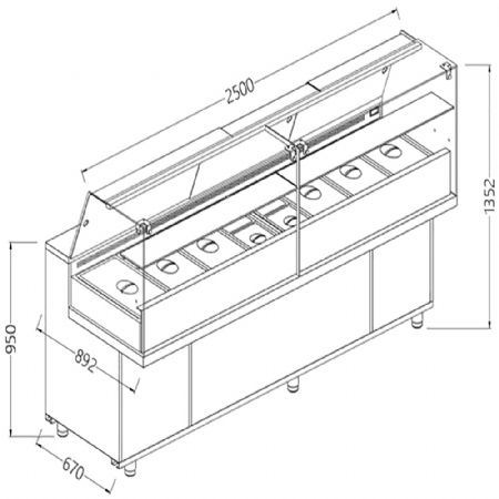 Vitrine snack saladette_vitres hautes, groupe  distance 2500x892x1382 mm