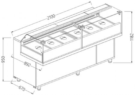 Vitrines snack saladette avec reserve _vitres basses, avec groupe 2100x892x1182 mm