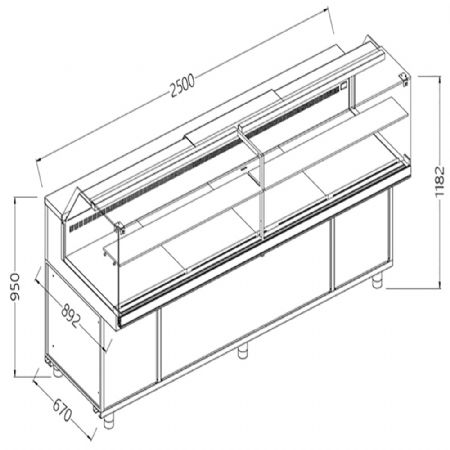 Comptoir vitrine rfrigr EN & GN, vitre basse, ventil, sans rserve 2500x890x1182 mm