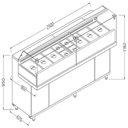 Vitrines snack saladette avec reserve _vitres basses, avec groupe 2500x892x1182 mm