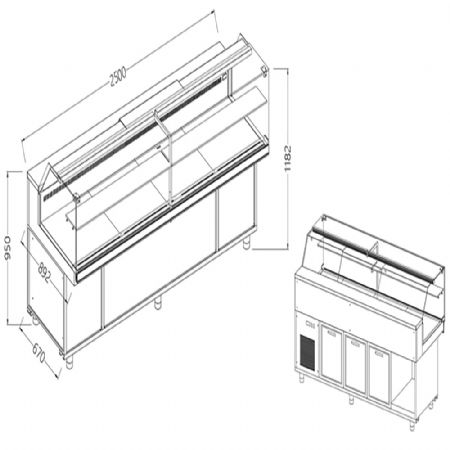 Vitrines rfrigres ventiles pour les snacks_vitres basses, groupe  distance, sans rserve 2500x892x1182 mm