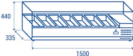 Vitrine horizontale rfrigre GN1/4 inox couvercle verre tremp 46L - 1500x335x440 mm