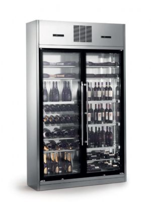 Vitrine  vin professionnelle positive en inox avec 2 portes traversantes - 320 bouteilles