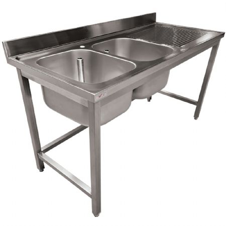 Plonge inox ECO 2 cuves gouttoir droite sans tablette infrieure - 1600 x 700 x 900mm