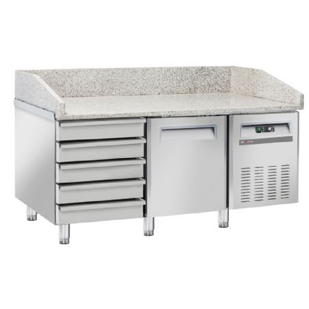 Table frigo pizzeria dessus granit 1 porte EN 600x400 5 tiroirs neutres EN 600x400 sur roues 2 avec freins